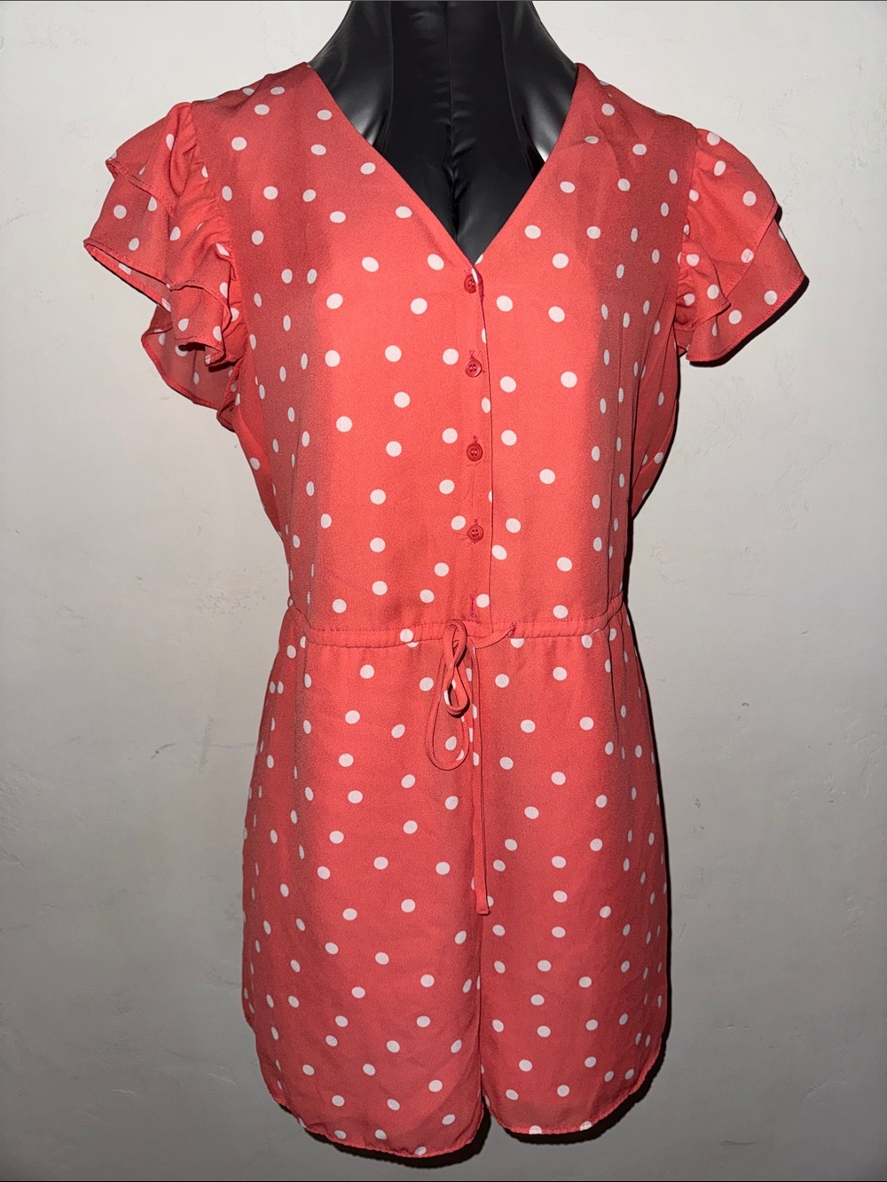 Maison Jules Coral Polka Dot Tie-Waist Romper